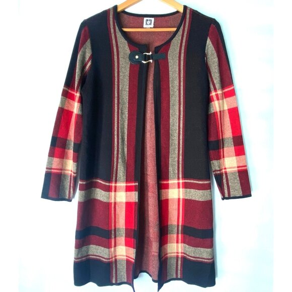 size M Vtg Anne Klein plaid open front long cardigan nova check black red sweate - Picture 1 of 9